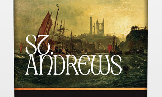 St Andrews label with painting of St Andrews cathedral