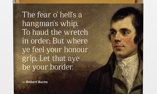 Robert Burns label with quote and painting of Robert Burns from National Galleries of Scotland