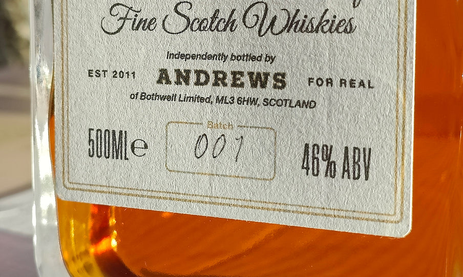 Doctors' Special blended scotch whisky label close up showing batch number 001