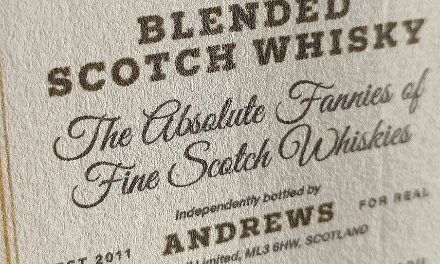 Doctors' Special blended scotch whisky label close up image showing "The absolute fannies of fine Scotch whiskies"