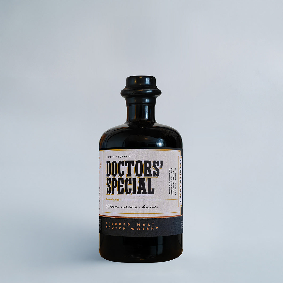 Doctors' Special personalised blended malt Scotch whisky with a "Prescribed for" label for your name