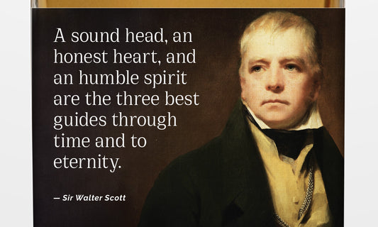 Sir Walter Scott label with quote and painting from national galleries of scotland 